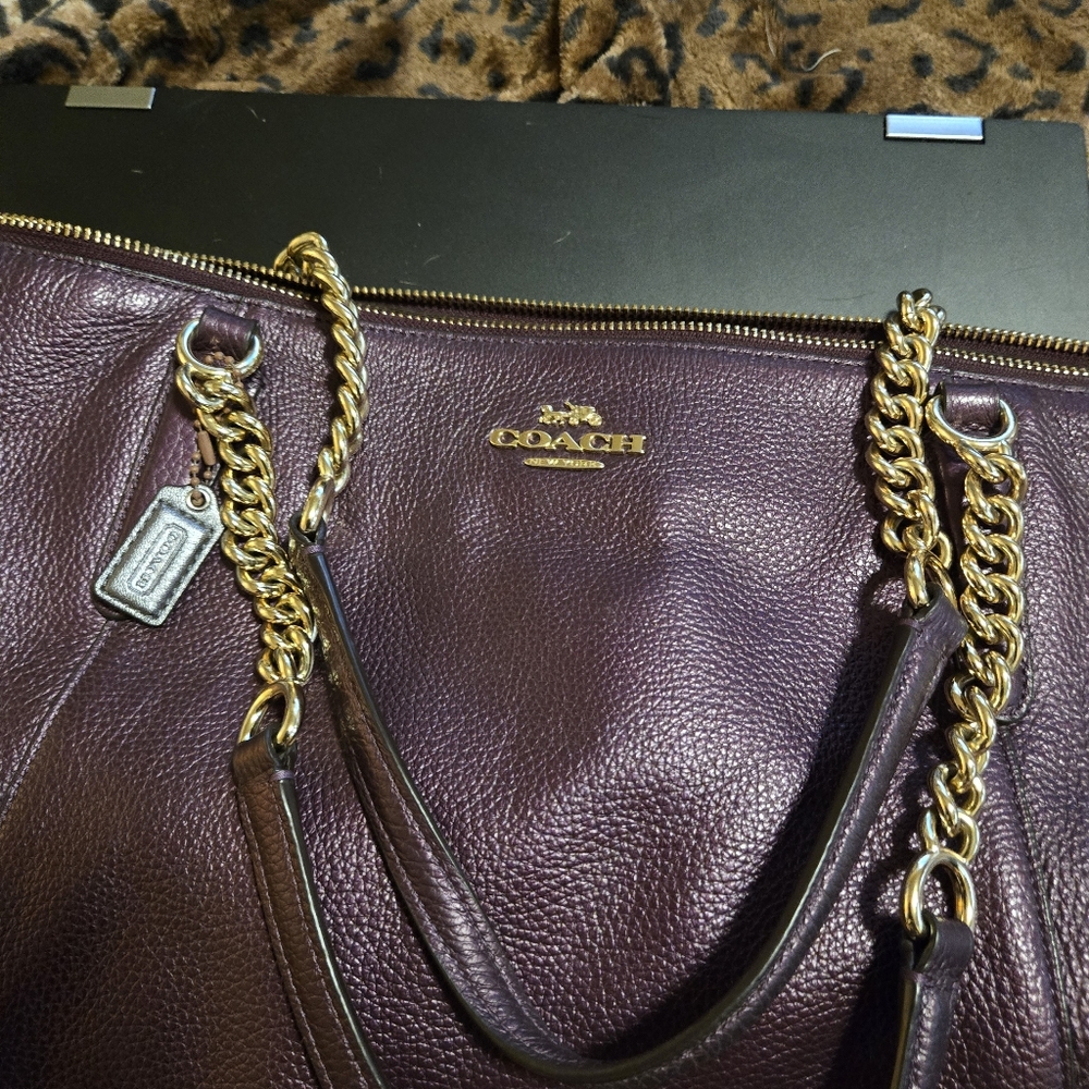 Coach Plum Leather Tote with Gold Accents - Picture 3 of 6
